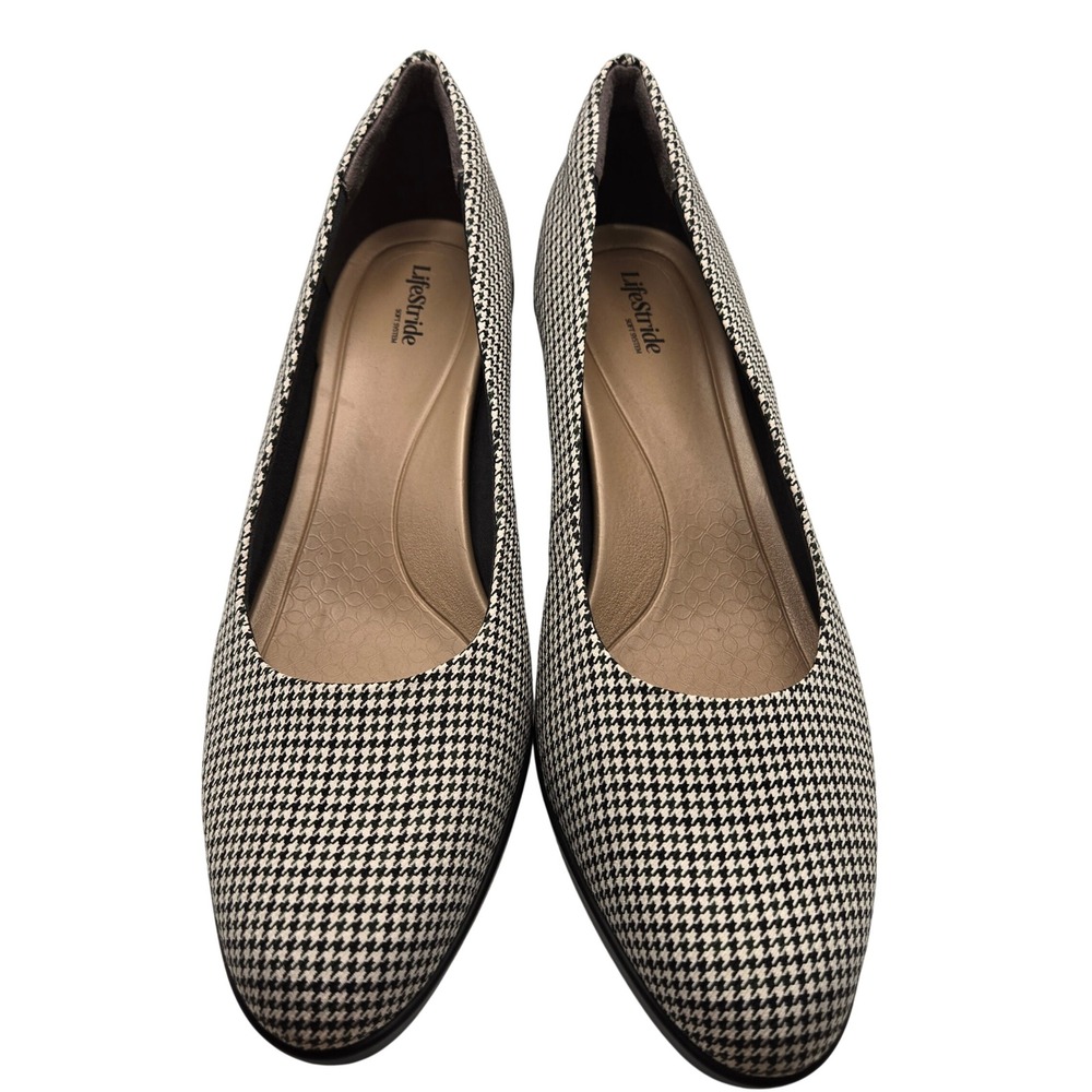 LifeStride Womens Houndstooth Plaid Pumps Black White Block Heel 10.5 / 11 Wide